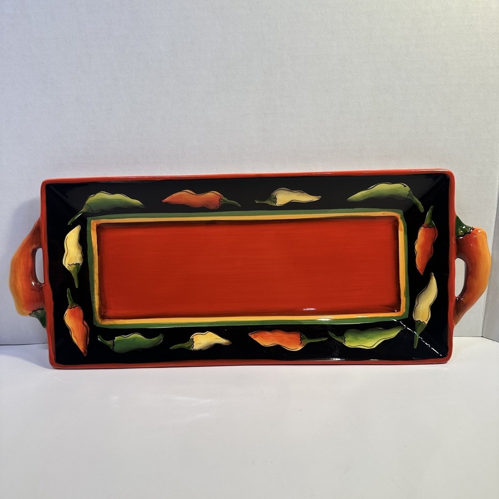 Clay Art Jalapeno StoneLite Chili Pepper Serving Platter Hand Painted 15"